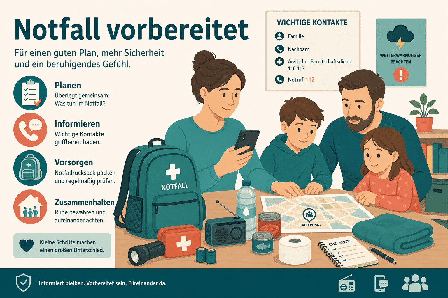 Eltern mit Säugling am Küchentisch, Notfallnummern und Erste-Hilfe-Material griffbereit, ruhige Vorbereitung statt Panik