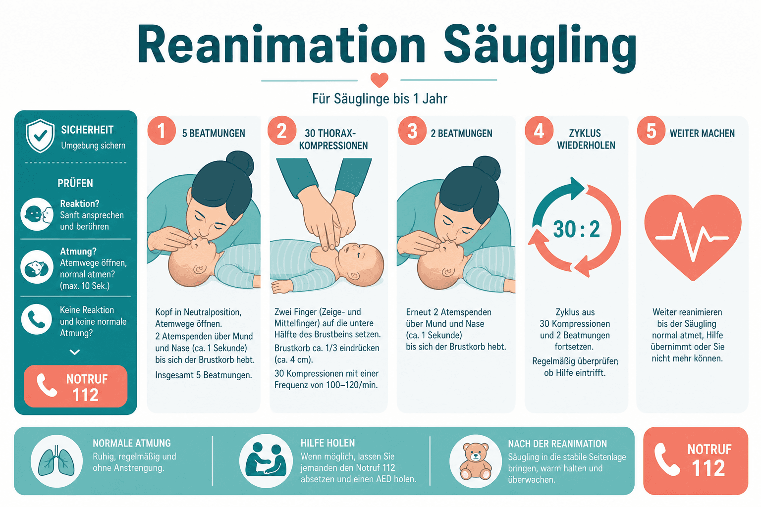 Demonstration der Säuglings-Reanimation, zwei Finger auf dem Brustkorb, Kopf in Neutralposition, feste Unterlage