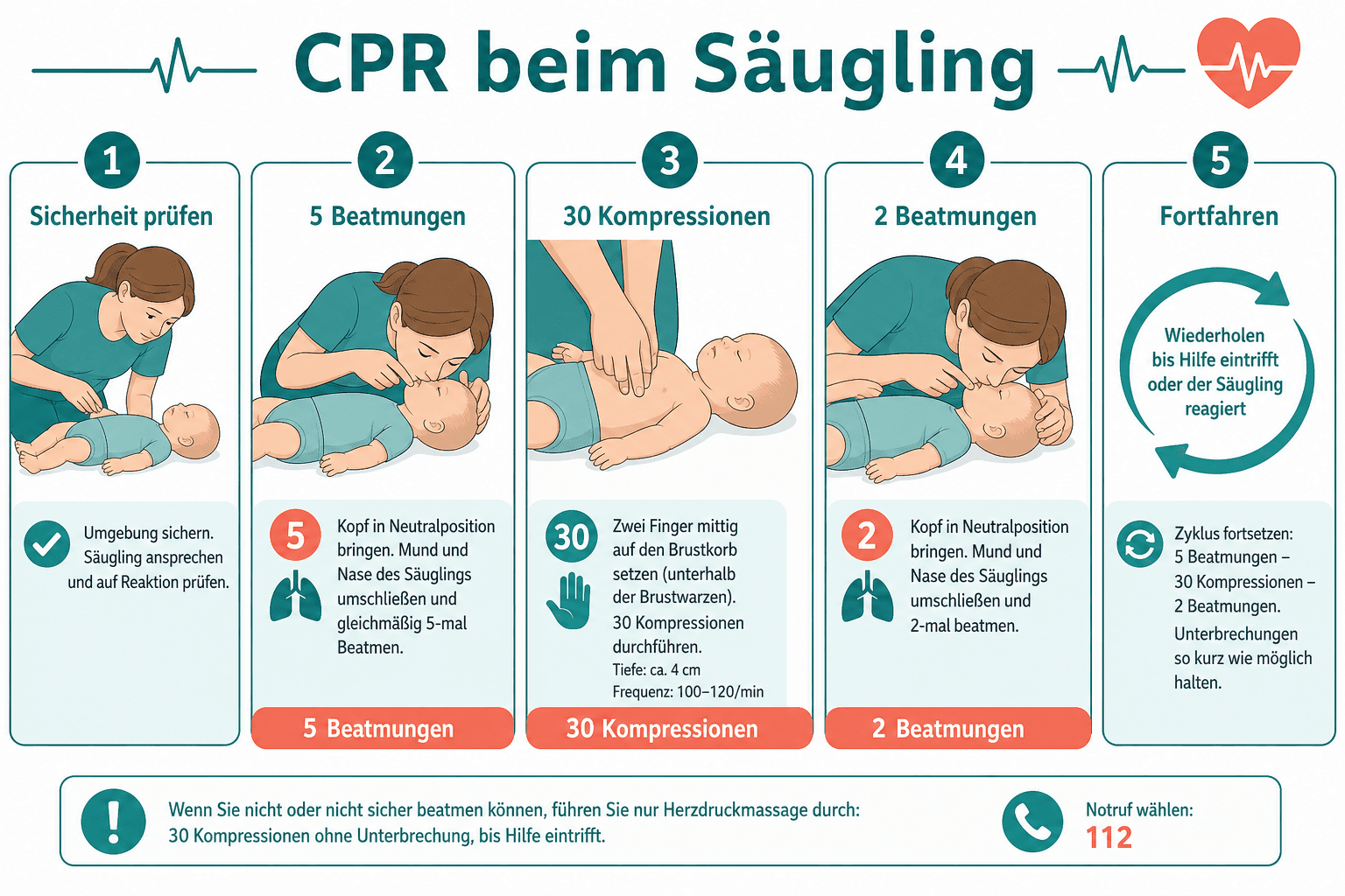Schema Säuglings-Reanimation, Kopf in Neutralposition, Beatmung über Mund und Nase, zwei Finger auf unterem Brustkorb