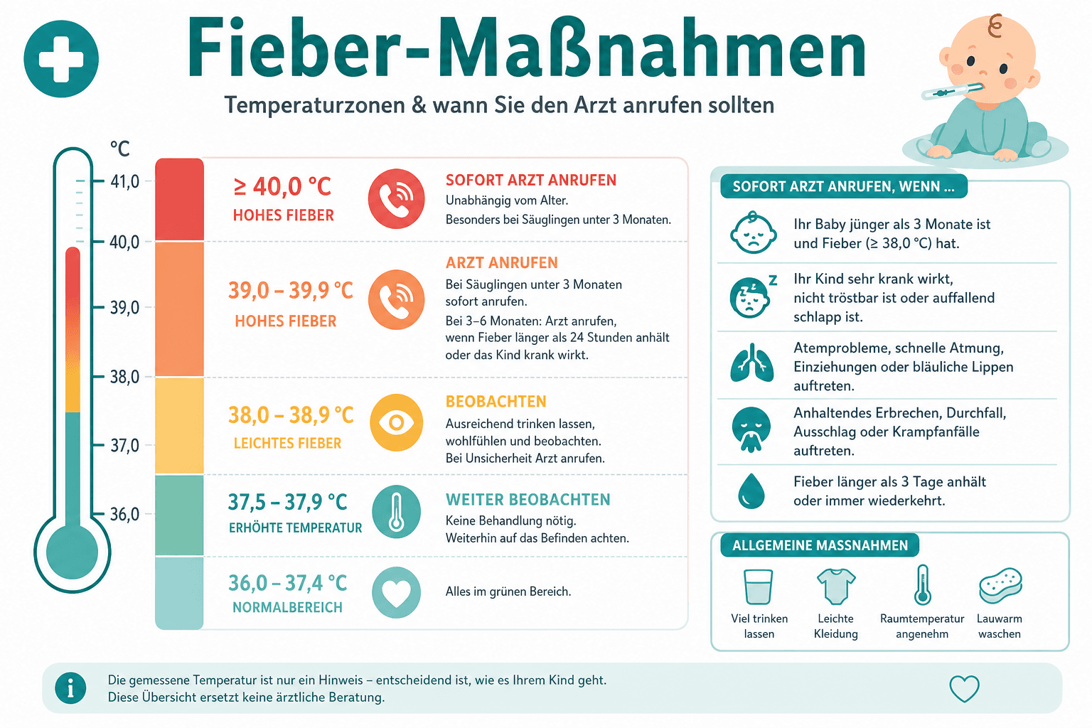 Entscheidungsbaum Fieber beim Säugling, Altersschwellen, Notfallkriterien, wann Hausmittel ausreichen