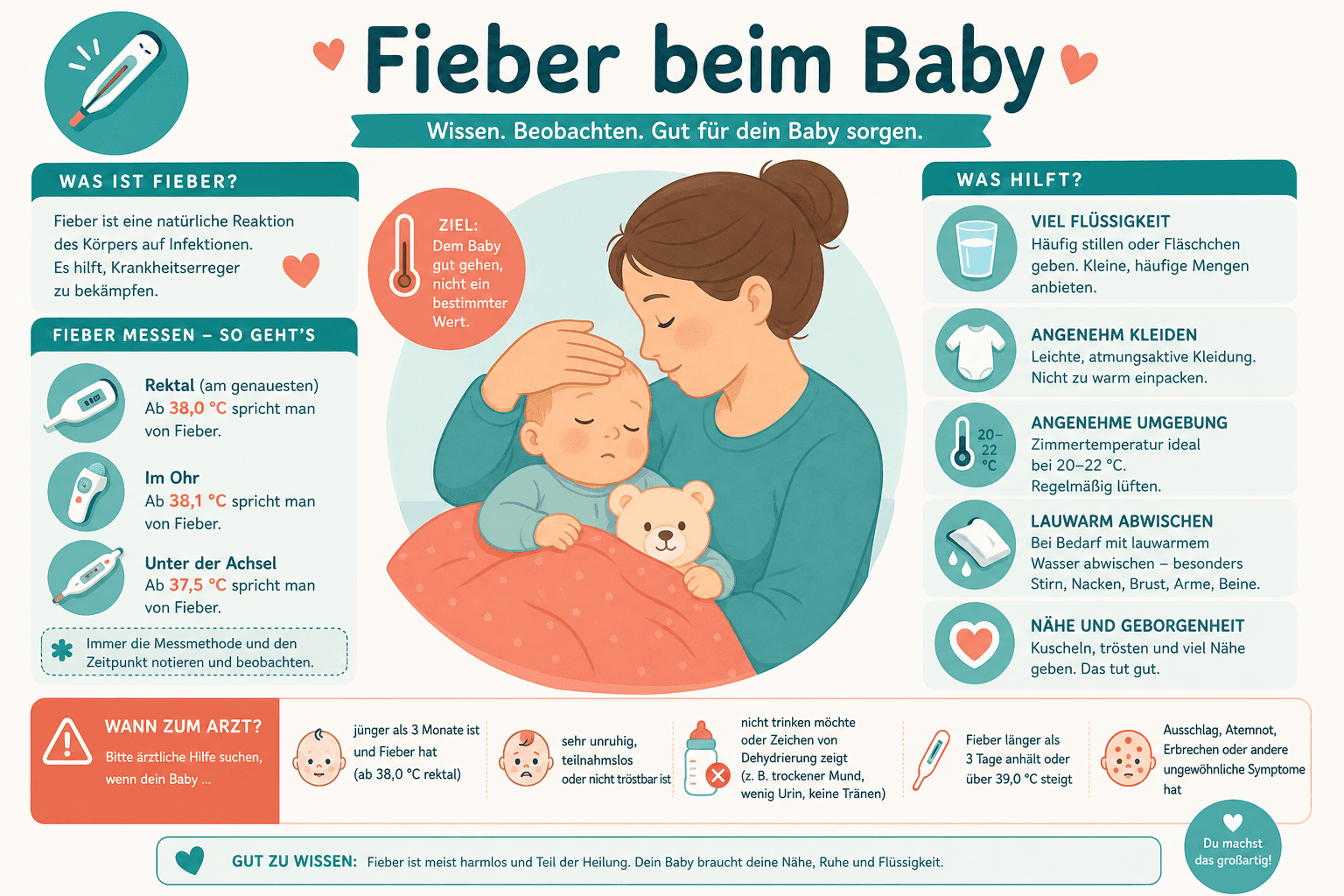 Elternteil misst Fieber beim Säugling mit digitalem Thermometer, ruhige Umgebung, korrekte Messmethode