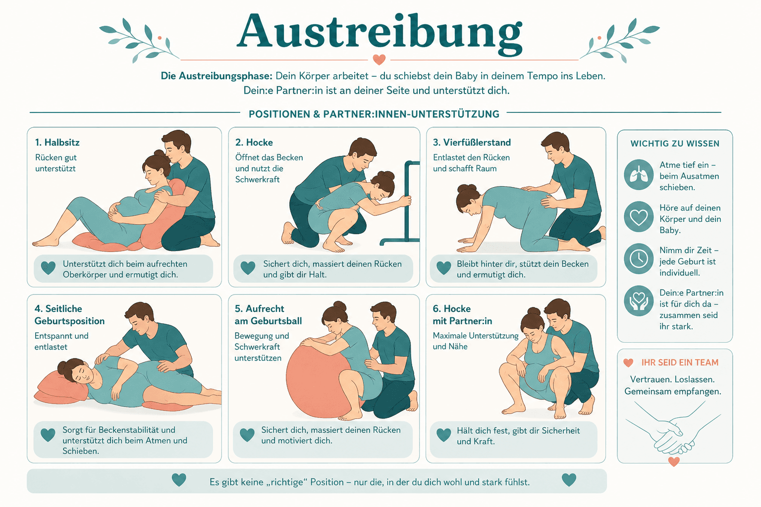 Schema Eröffnung versus Austreibung: Muttermund öffnet sich zuerst, Pressphase beginnt erst bei 10 cm Dilatation