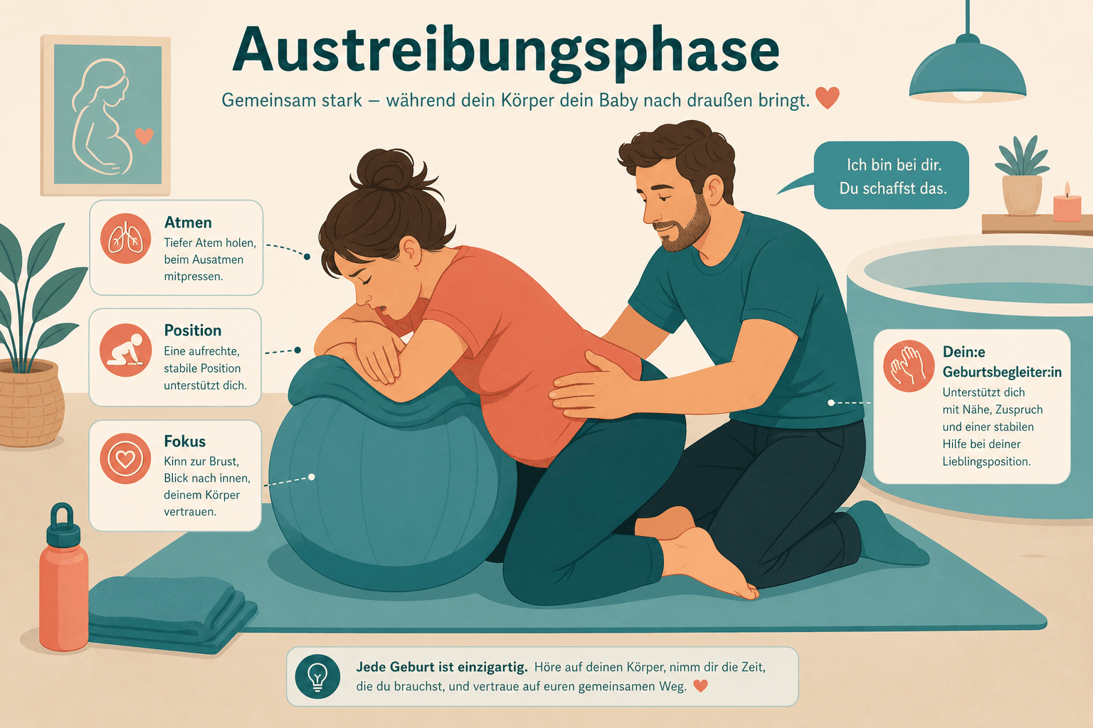 Begleitperson stabilisiert Gebärende in aufrechter Pressposition mit Kissenstützung, Austreibungsphase in der Klinik