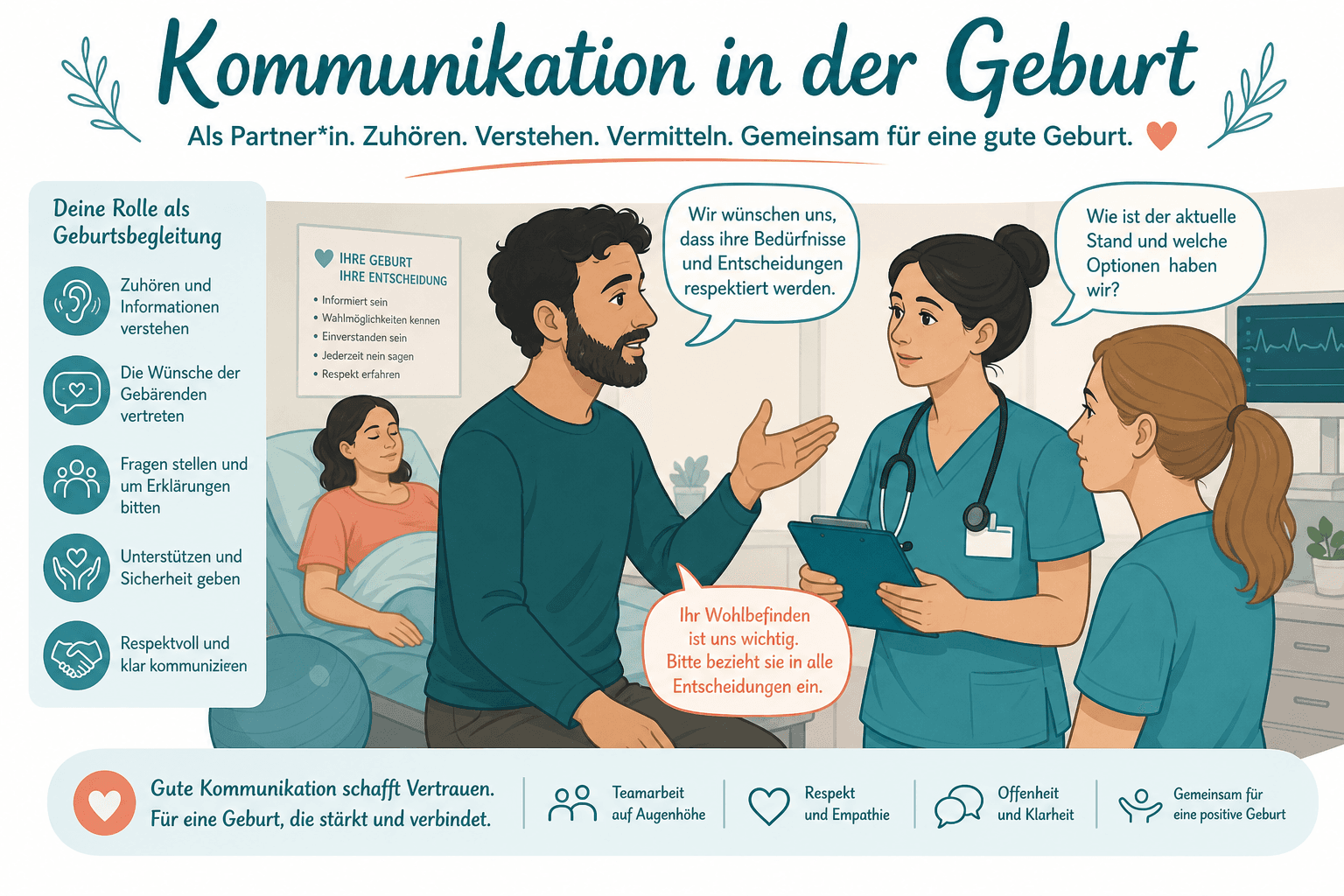 Begleitperson übergibt Geburtsplan an Hebamme am Aufnahmetresen, respektvoller Dialog mit dem medizinischen Team