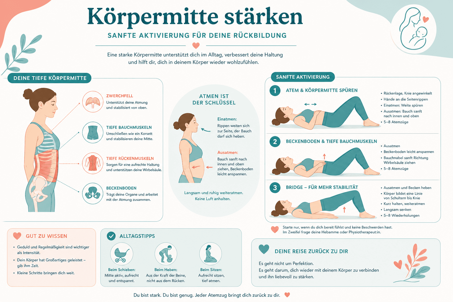 Seitenansicht einer aufrechten Haltung mit aktivierter Körpermitte, Rücken und Bauch in Balance nach der Geburt