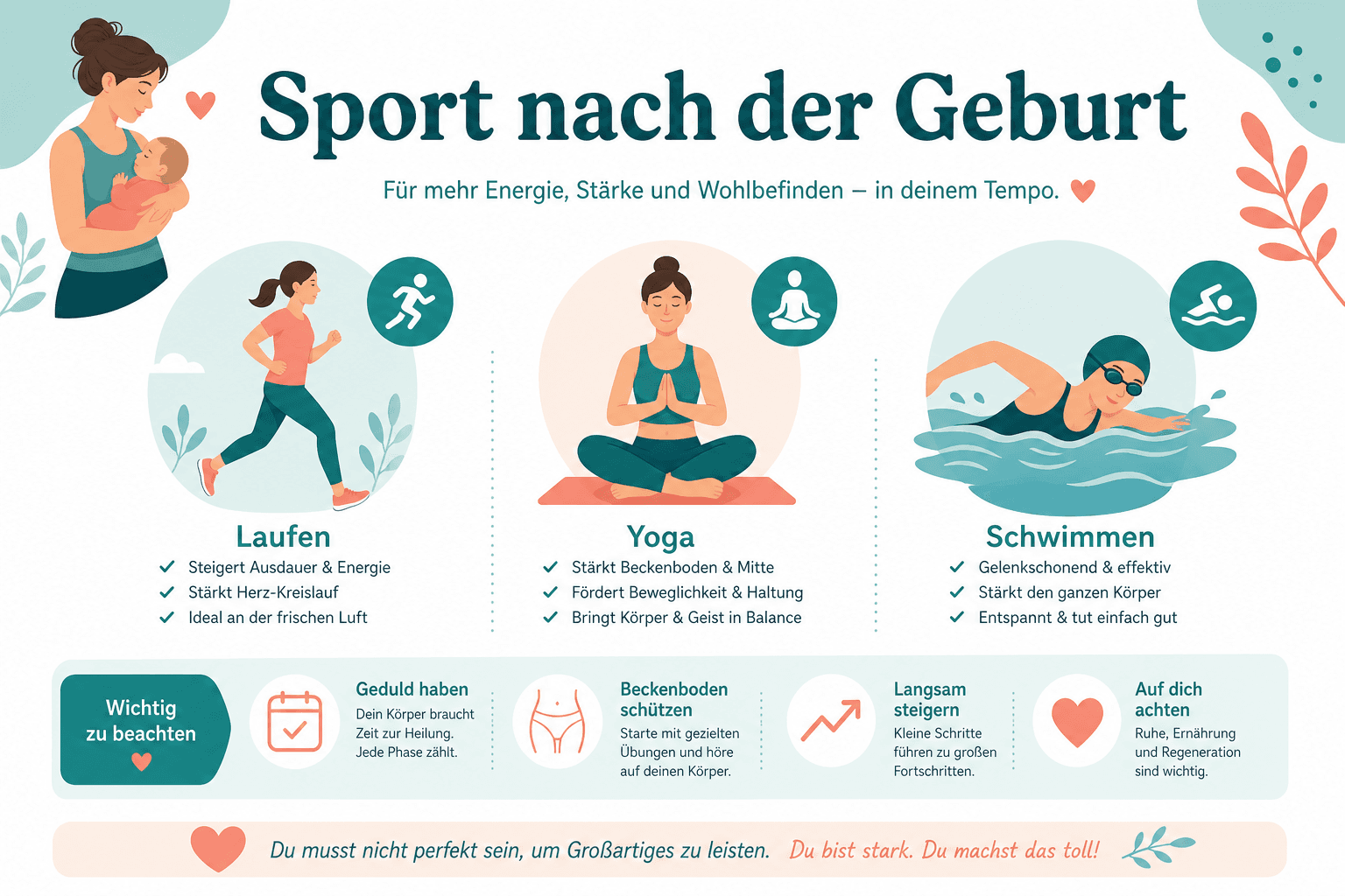 Frau beim moderaten Joggen im Park mit Kinderwagen in der Nähe, sichere Rückkehr zu Ausdauersport nach Rückbildung