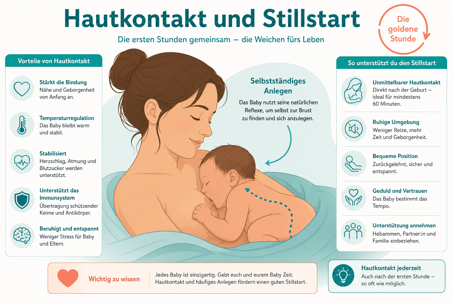 Schema Hautkontakt nach der Geburt: Baby auf Mutterbrust, Kopf zur Brustwarze gedreht, gemeinsam zugedeckt