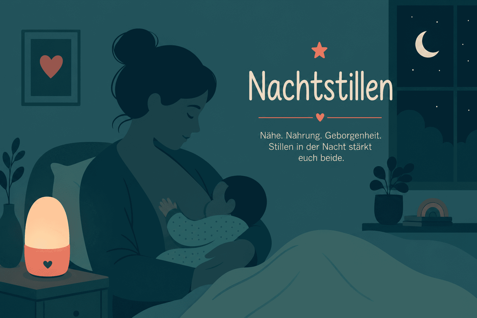 Mutter stillt ihr Baby nachts im Halbdunkel, Seitenlage im Familienbett, ruhige nächtliche Stillatmosphäre
