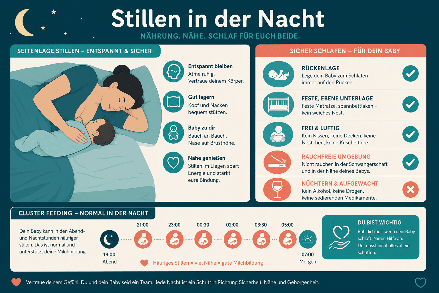 Illustration: sicheres nächtliches Stillen in Seitenlage, Baby auf Rücken, Mutter C-förmig um Baby, Matratze fest, keine Decken über Gesicht