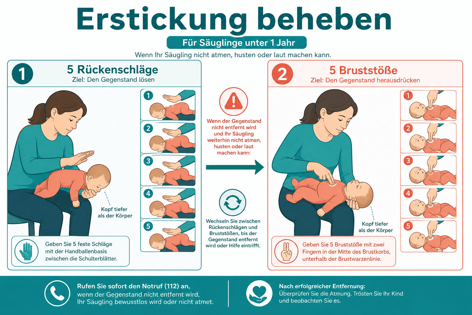 Infografik Erstickungsalgorithmus Säugling, Rückenschläge gesichtsabwärts, dann Thoraxstöße, Wechsel bis Fremdkörper frei