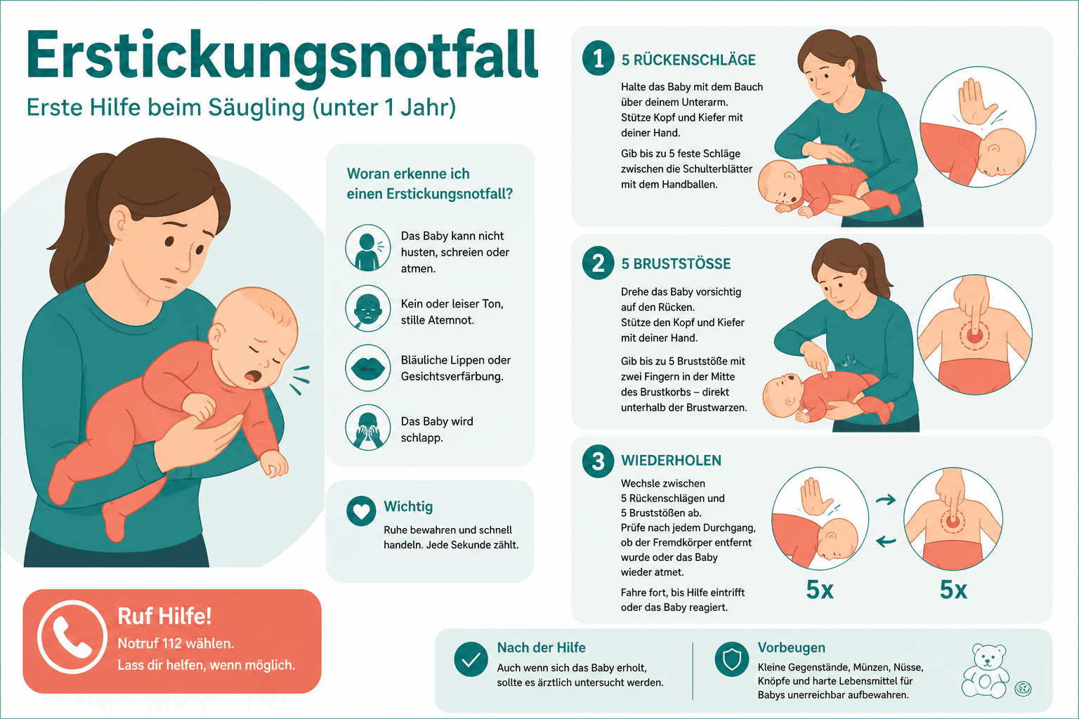 Elternteil hält Säugling gesichtsabwärts auf dem Unterarm, korrekte Position für Rückenschläge bei Verdacht auf Fremdkörperaspiration