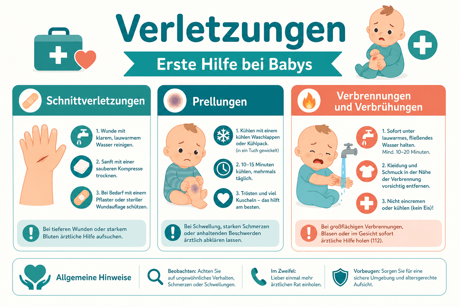 Säugling auf weicher Spielmatte in sicherer Umgebung, Sturzprävention und Erste Hilfe bei Verletzungen