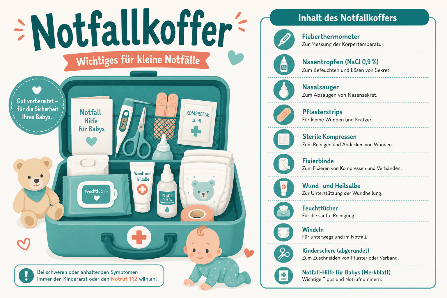 Übersichtlich gepackter Erste-Hilfe-Koffer für Säuglinge, Thermometer, Verband, Nummernliste, kindersichere Medikamente