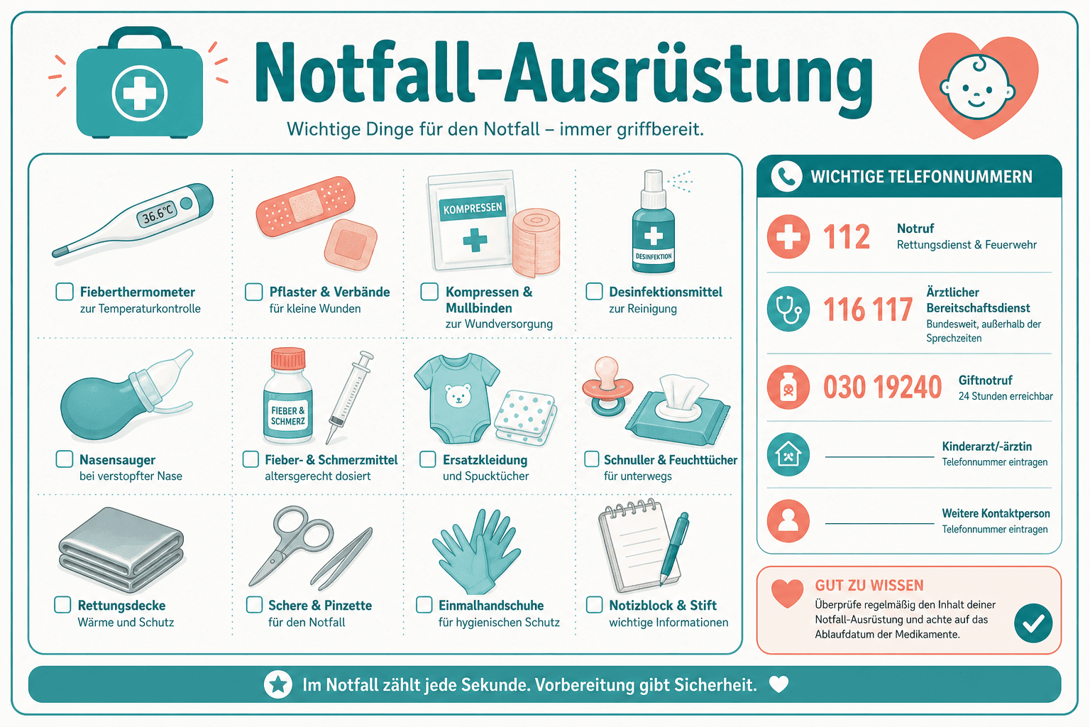 Packliste Erste-Hilfe-Koffer Säugling, Thermometer, Kompressen, Nummernkarte, kindersichere Box