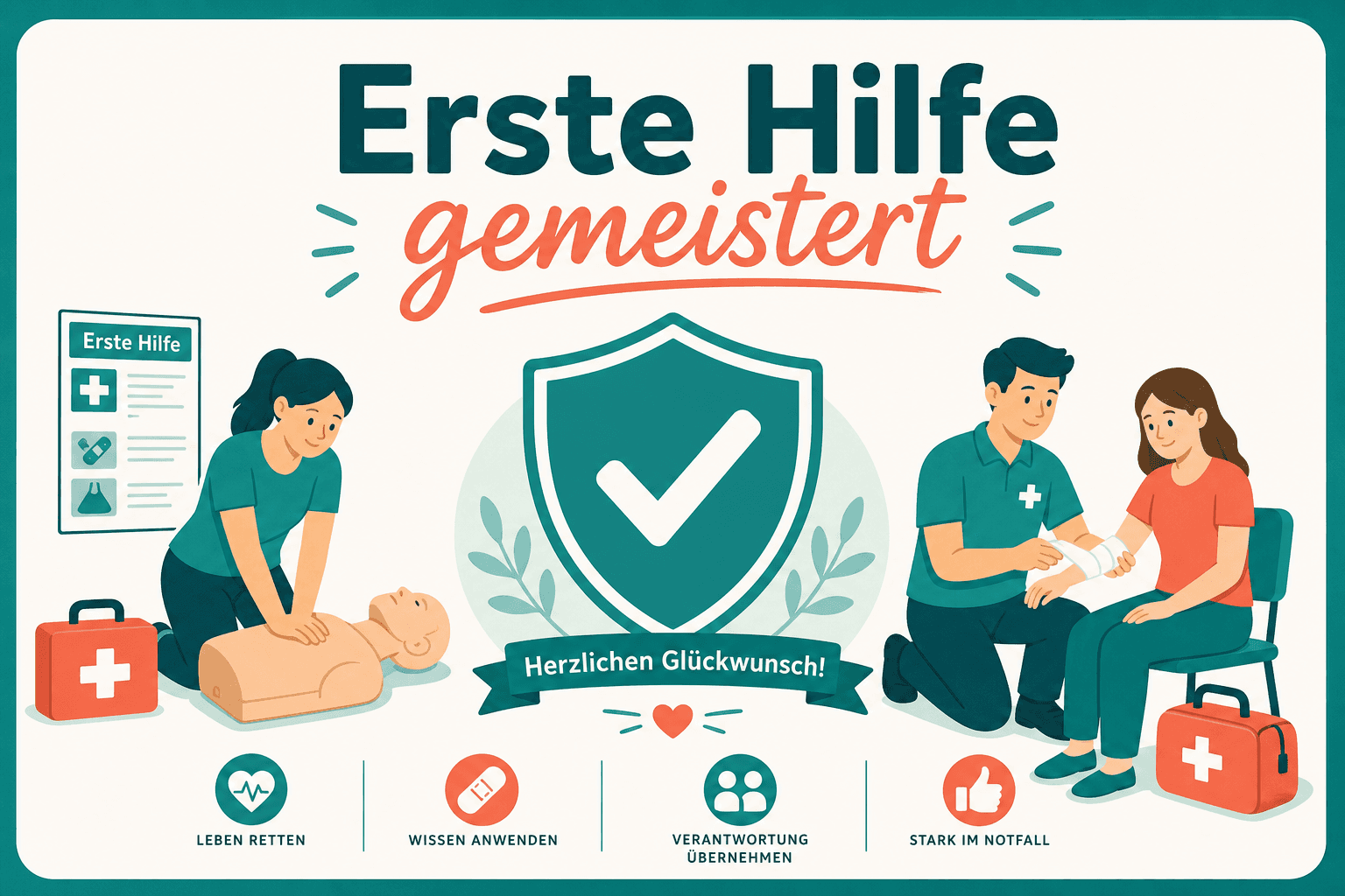 Eltern üben Säuglings-Reanimation an der Übungspuppe, strukturierter Übungsplan und Abschluss des Erste-Hilfe-Kurses