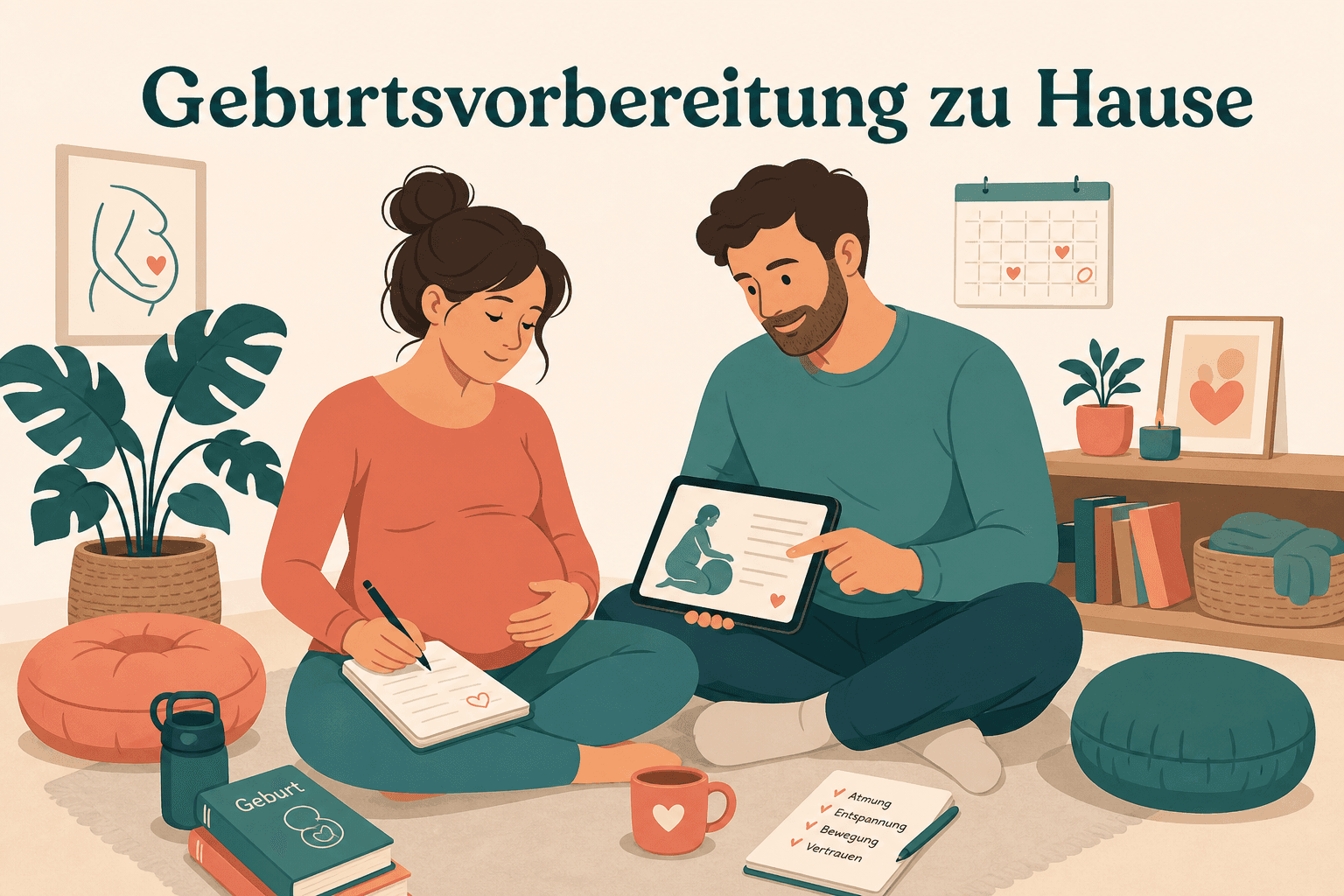 Schwangere Person und Partner:in sitzen entspannt mit Tablet und Notizblock, symbolisch für den gemeinsamen Geburtsvorbereitungskurs zu Hause