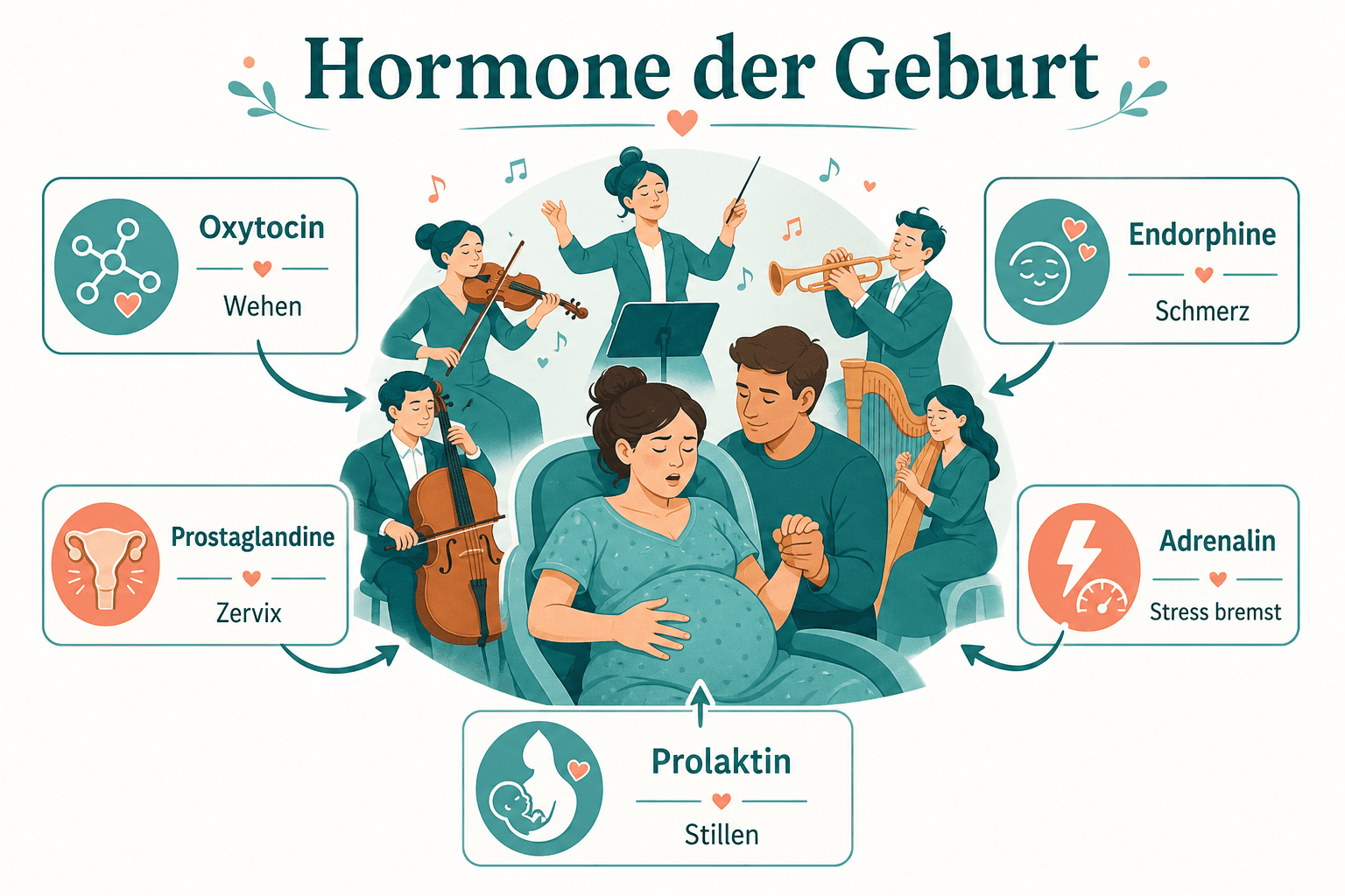 Diagramm der wichtigsten Geburts hormone: Oxytocin, Prostaglandine, Endorphine, Adrenalin und Prolaktin mit ihren Wirkungen