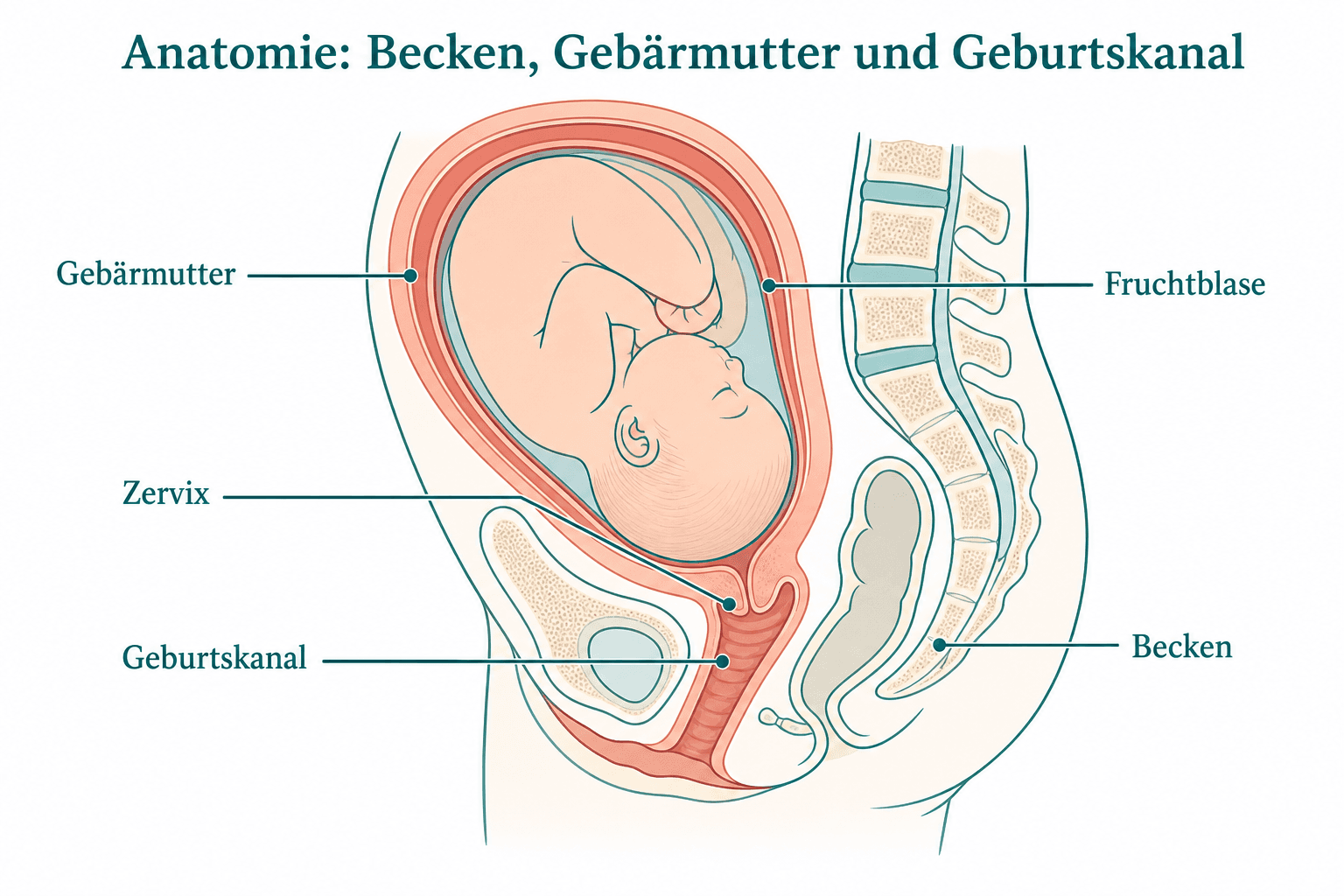 Sagittalschnitt durch Becken und Gebärmutter mit Baby in cephalischer Lage vor der Geburt