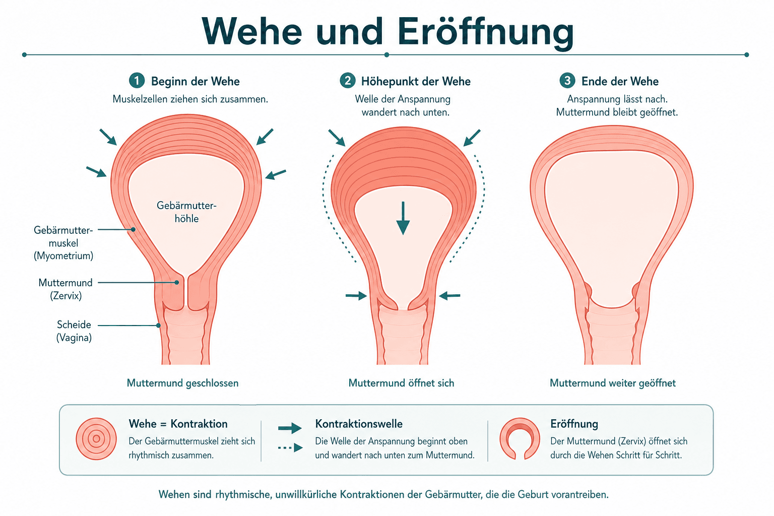 Schematische Darstellung einer schwangeren Gebärmutter mit Wehe, Eröffnungsphase und kindlicher Kopf am Beckeneingang