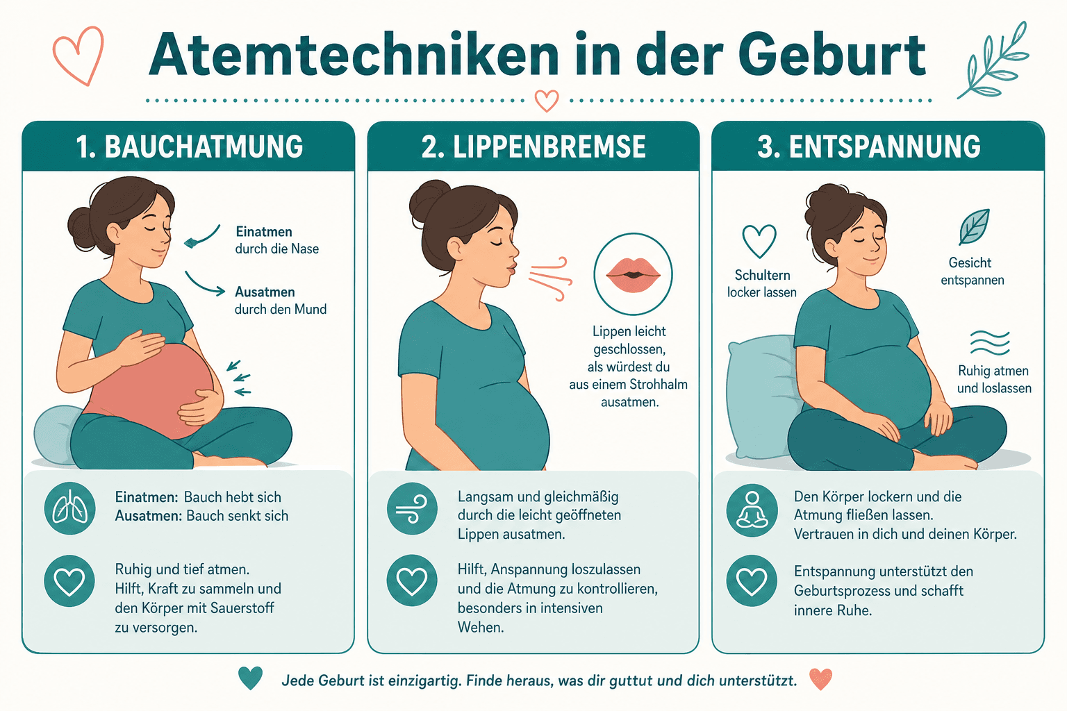 Schwangere Person in Seitenlage mit Hand auf dem Bauch, entspannte Bauchatmung während der Geburtsvorbereitung