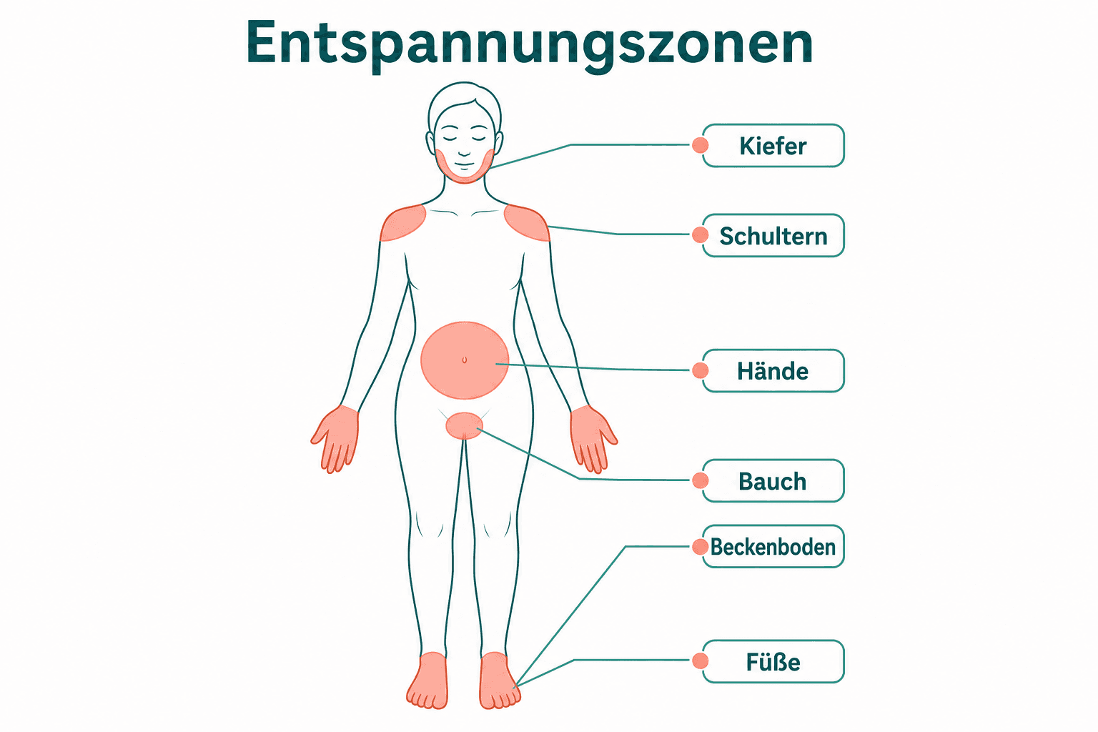 Körperkarte für PMR: Kiefer, Schultern, Hände, Bauch, Beckenboden und Füße als Entspannungsstationen