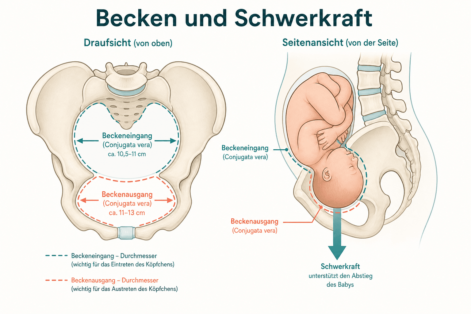 Becken von oben und seitlich: Beckeneingang und -ausgang in verschiedenen Öffnungswinkeln