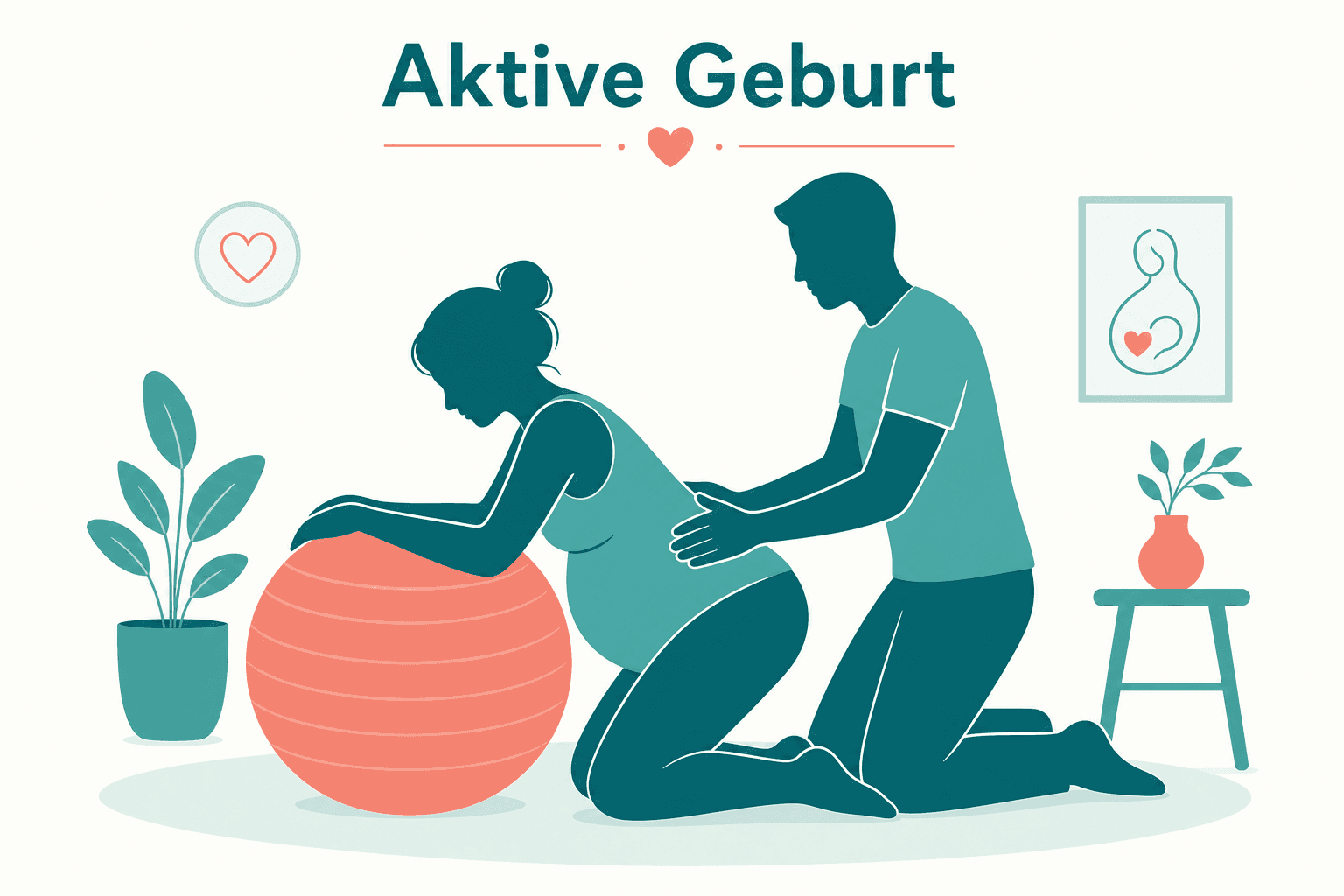 Gebärende kniet aufrecht am Geburtsball, Partner:in stützt den unteren Rücken, aktive Geburtsstellung in der Klinik