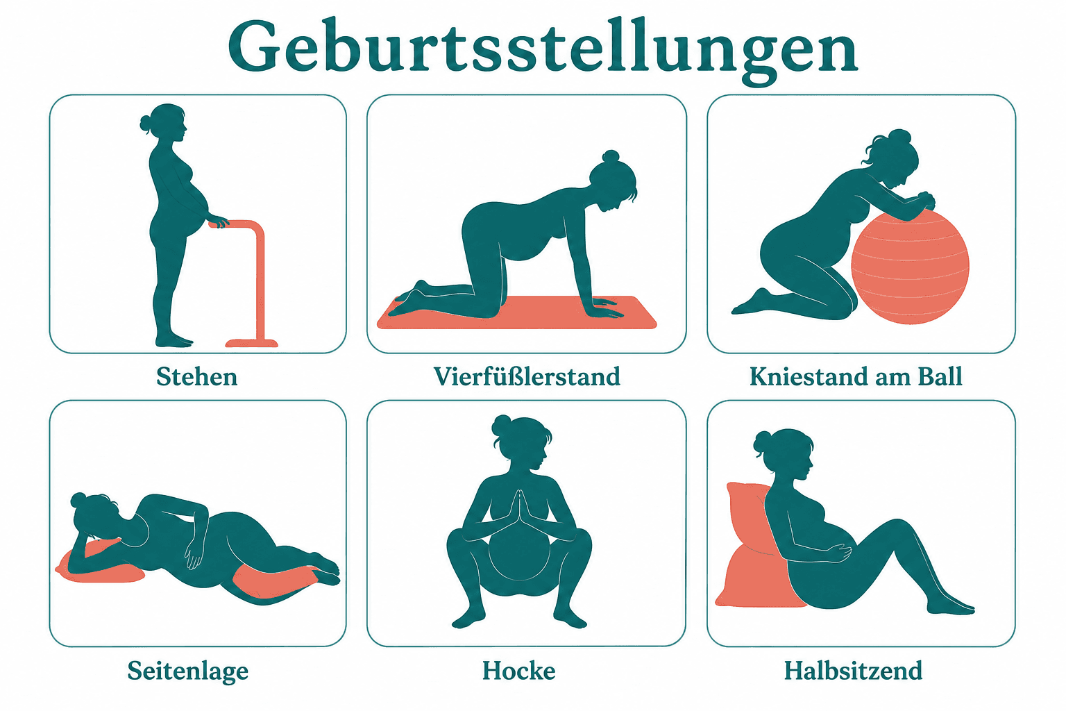 Sechs Geburtsstellungen als Silhouetten: stehend, Vierfüßler, Kniestand am Ball, Seitenlage, Hocke, halbsitzend