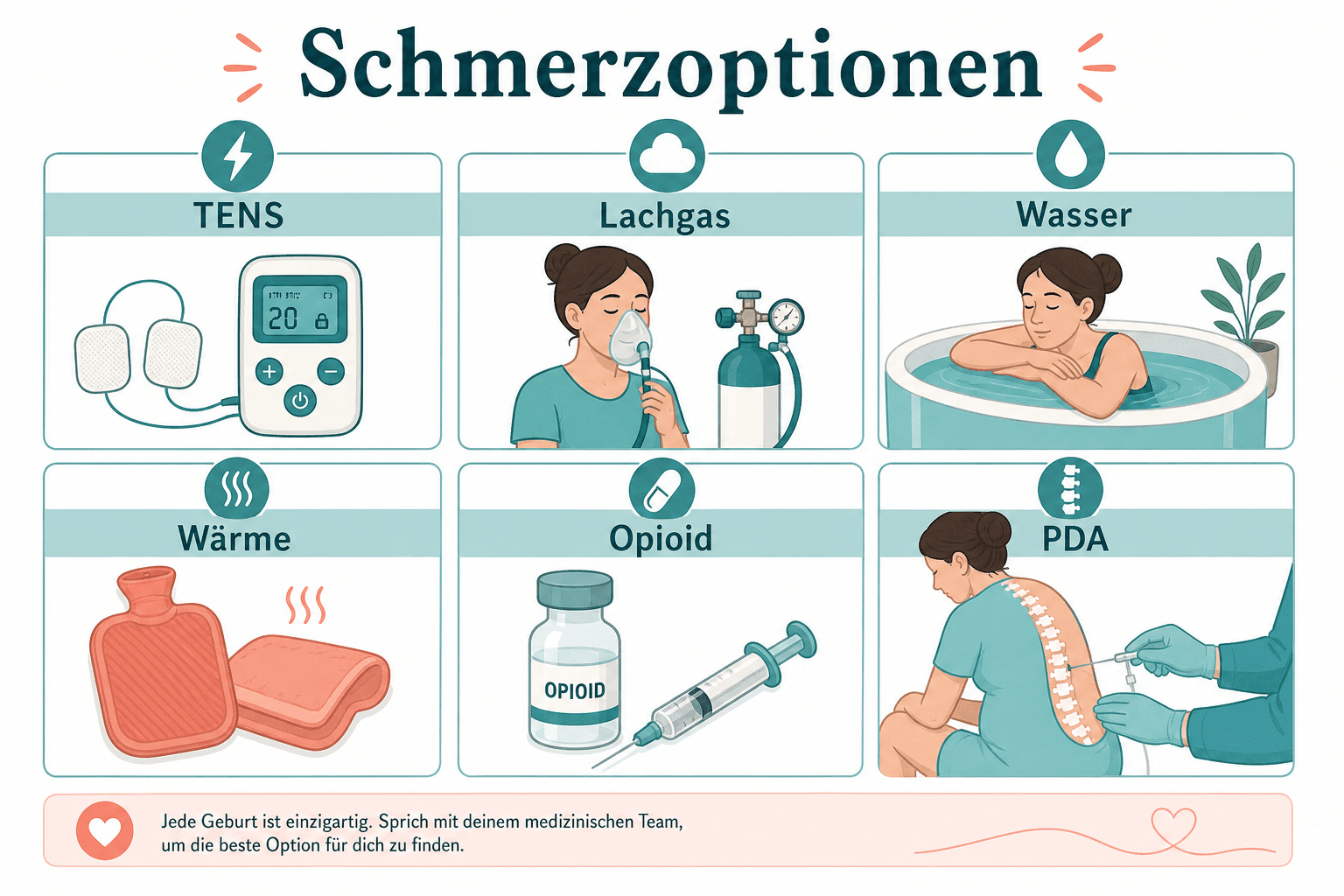 Übersicht medizinischer und nicht-medikamentöser Schmerzoptionen in der Geburt, von TENS-Gerät bis Periduralanalgesie