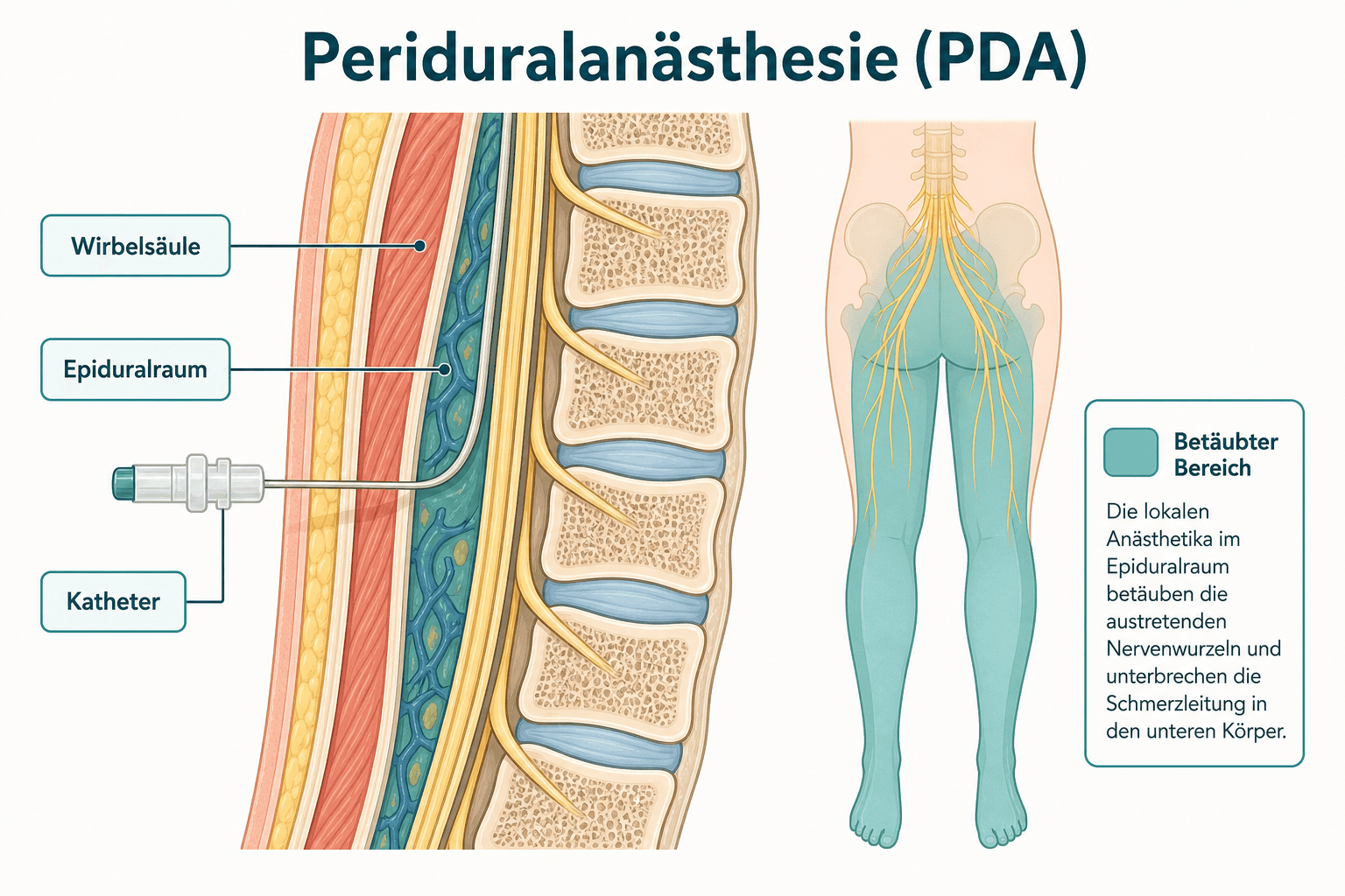 Schema Epiduralraum: Katheter zwischen Wirbelknochen und harter Hirnhaut, Wirkung auf Nervenwurzeln im Unterkörper