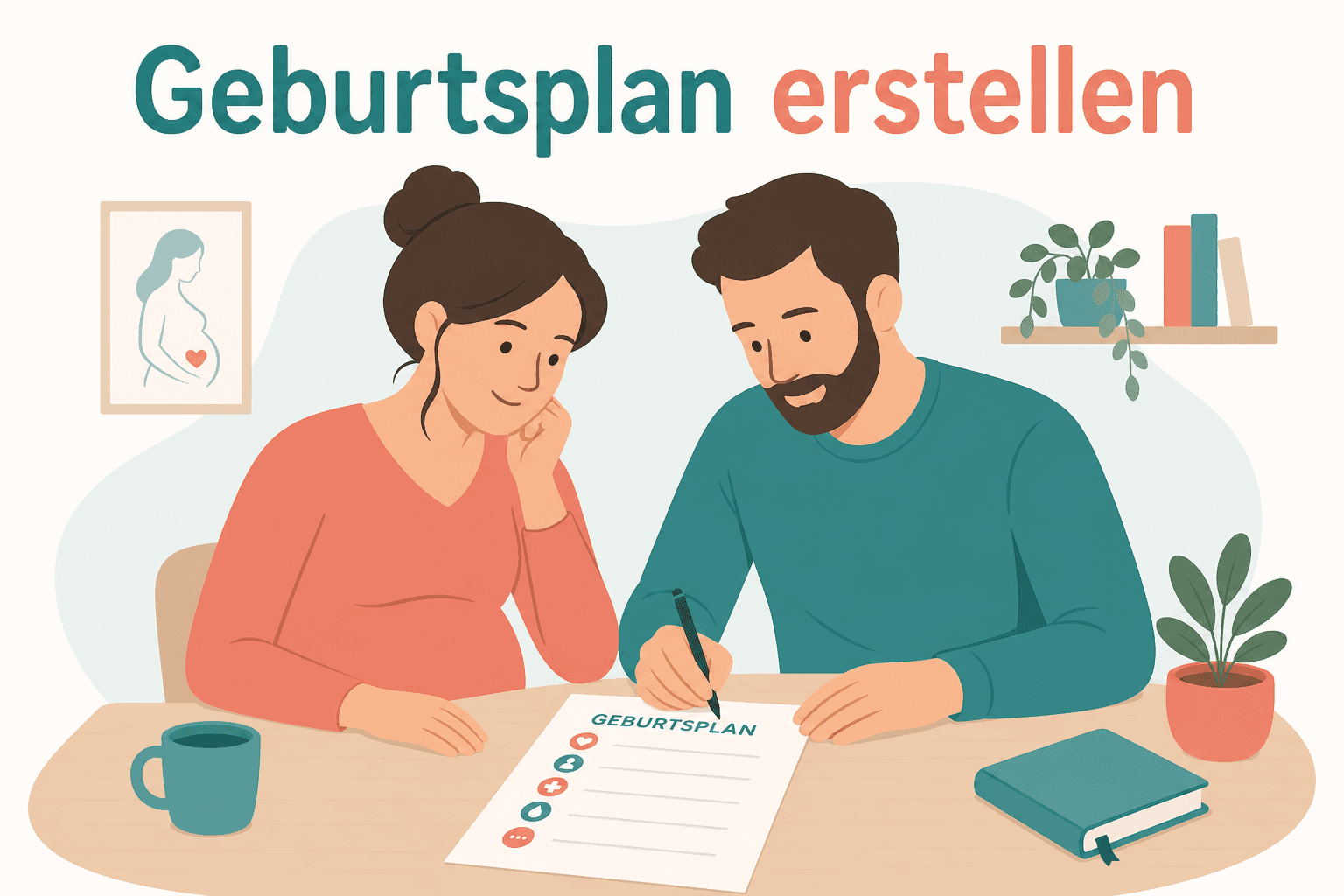 Illustration: Paar erstellt gemeinsam einen Geburtsplan am Küchentisch