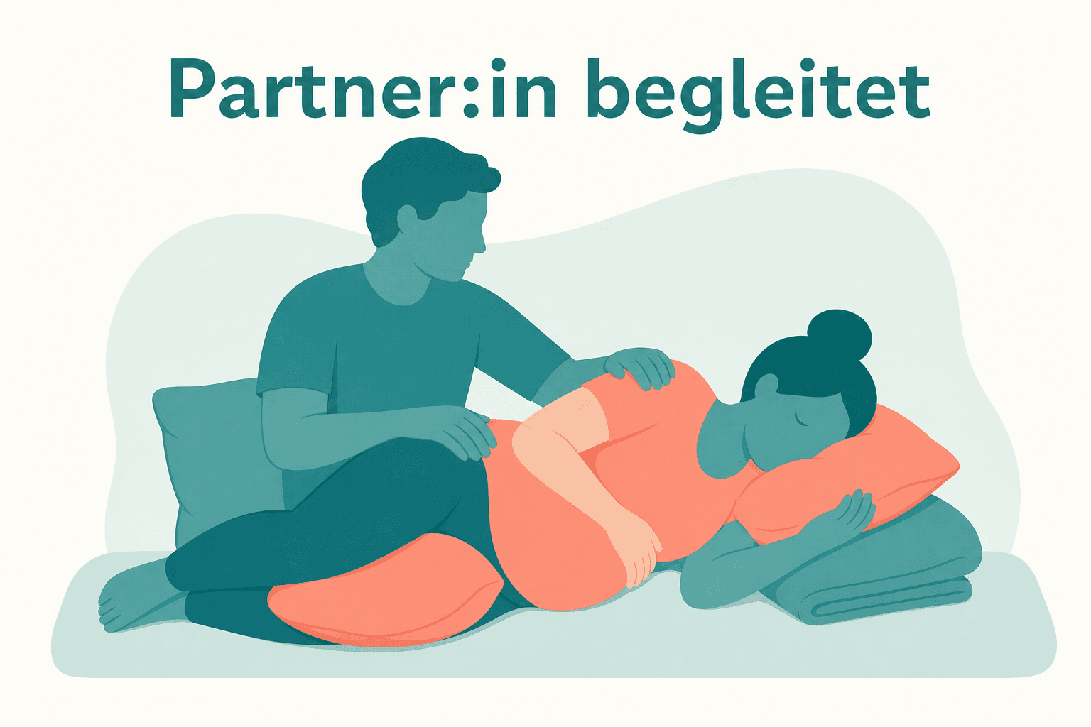 Illustration: Partner unterstützt Gebärende in Seitenlage mit Kissen und Handkontakt