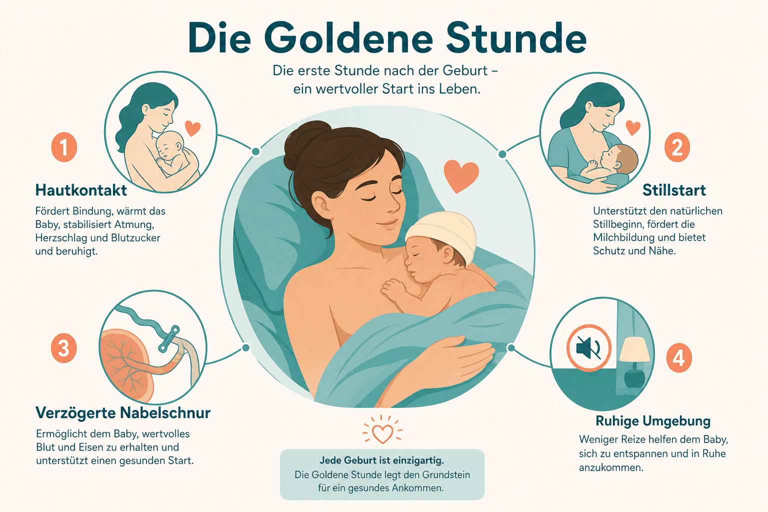 Goldene Stunde: Baby im Hautkontakt, verzögerte Nabelschnur, ruhige Umgebung