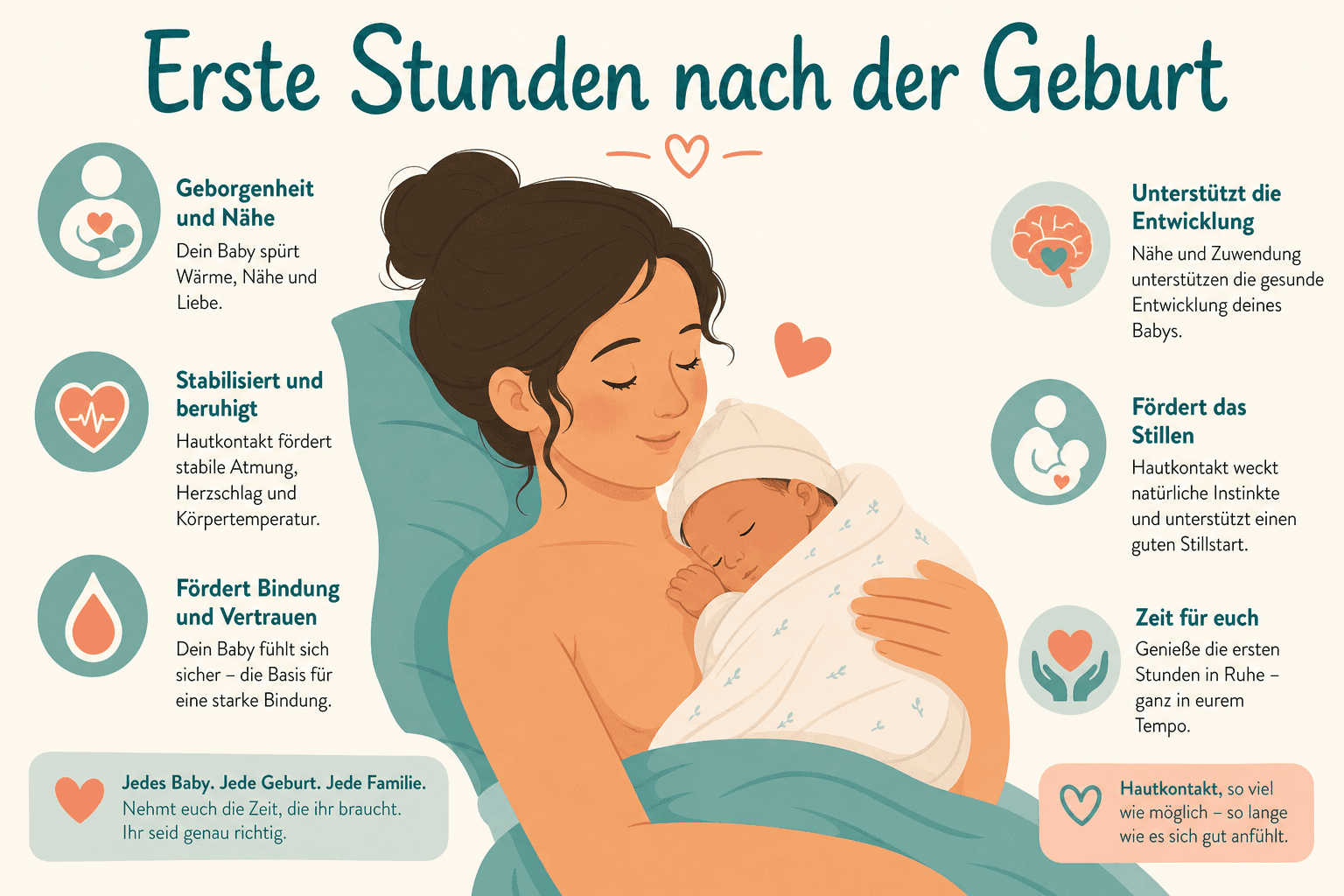 Illustration: Neugeborenes im Hautkontakt auf der Brust der Mutter in den ersten Stunden