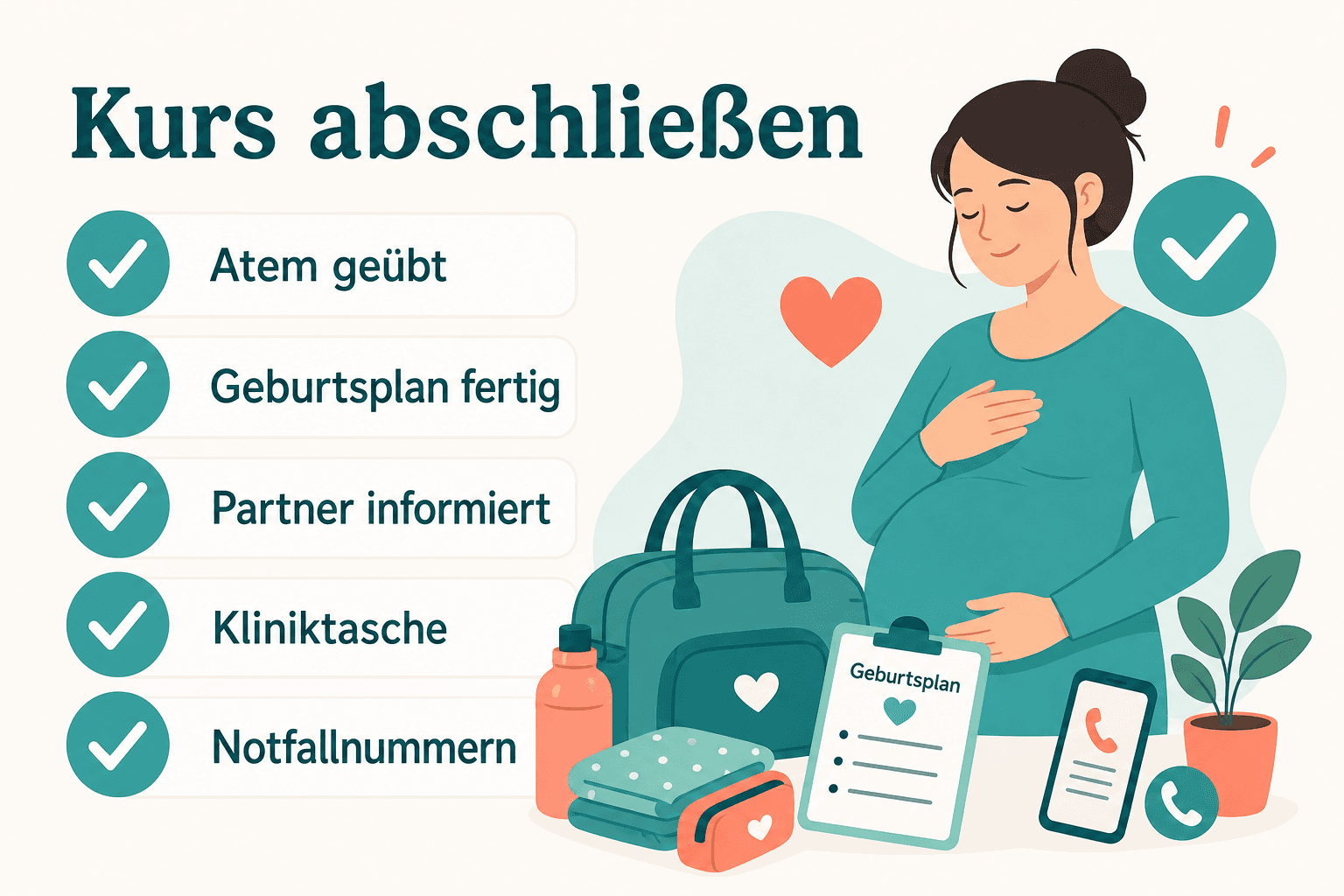 Illustration: Abschluss-Checkliste Geburtsvorbereitung mit Weiterkursen und Kalender