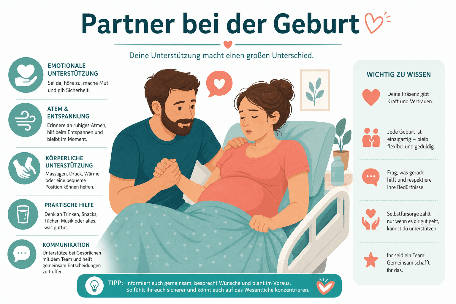 Partner:in sitzt neben schlafender Schwangerer mit Kliniktasche und Notizblock, ruhige Vorbereitung auf die Rolle als Geburtbegleitung