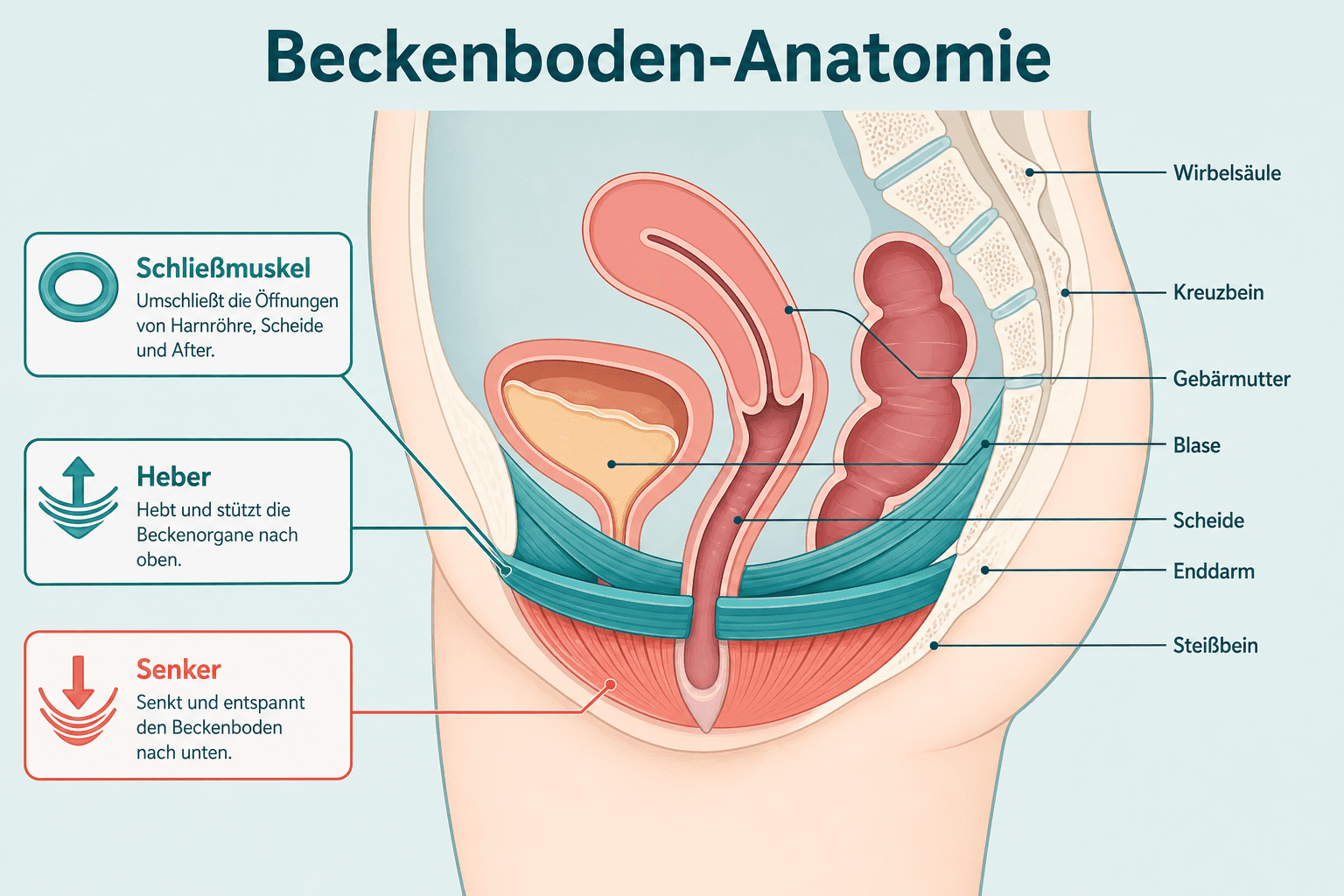 Schema Beckenboden von oben und seitlich, Levator ani, Öffnungen für Harnröhre, Scheide und After