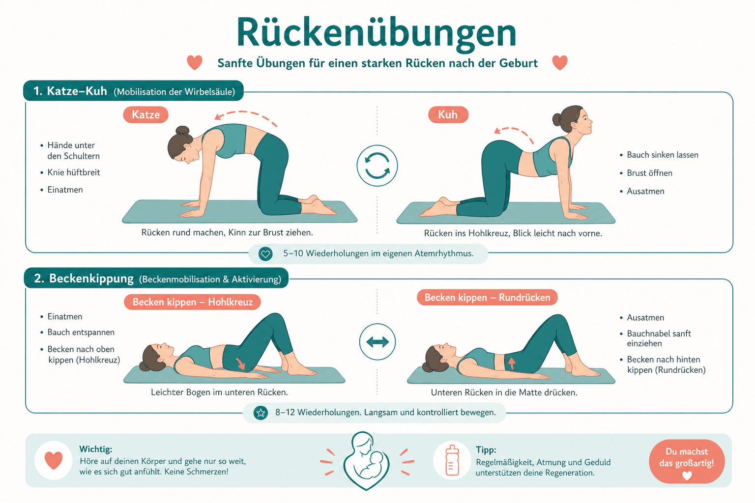 Beckenkippe in Rückenlage, neutral, hinten gekippt, vorne gekippt, mit Atemführung