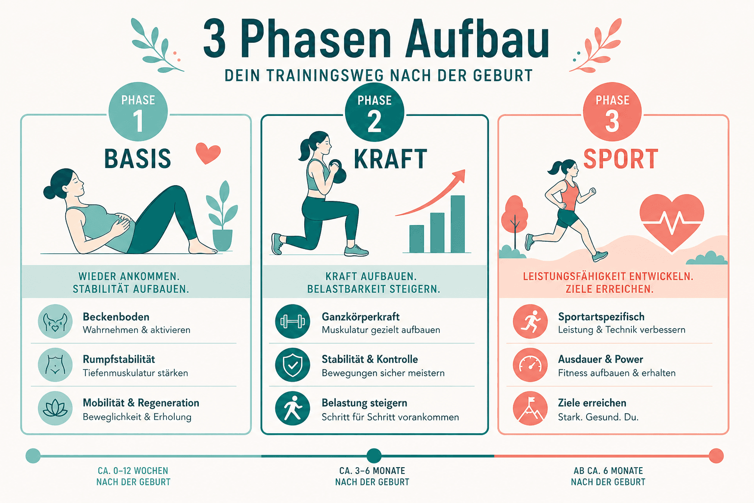 Progressionspyramide Rückbildung, Atem, Beckenboden, Körpermitte, Kraft, Sport