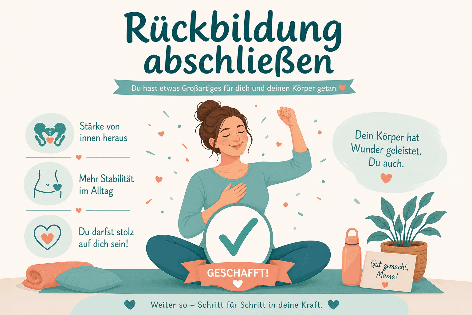 Frau mit Baby auf der Matte und ausgedruckter Checkliste, selbstbewusster Abschluss des Rückbildungskurses
