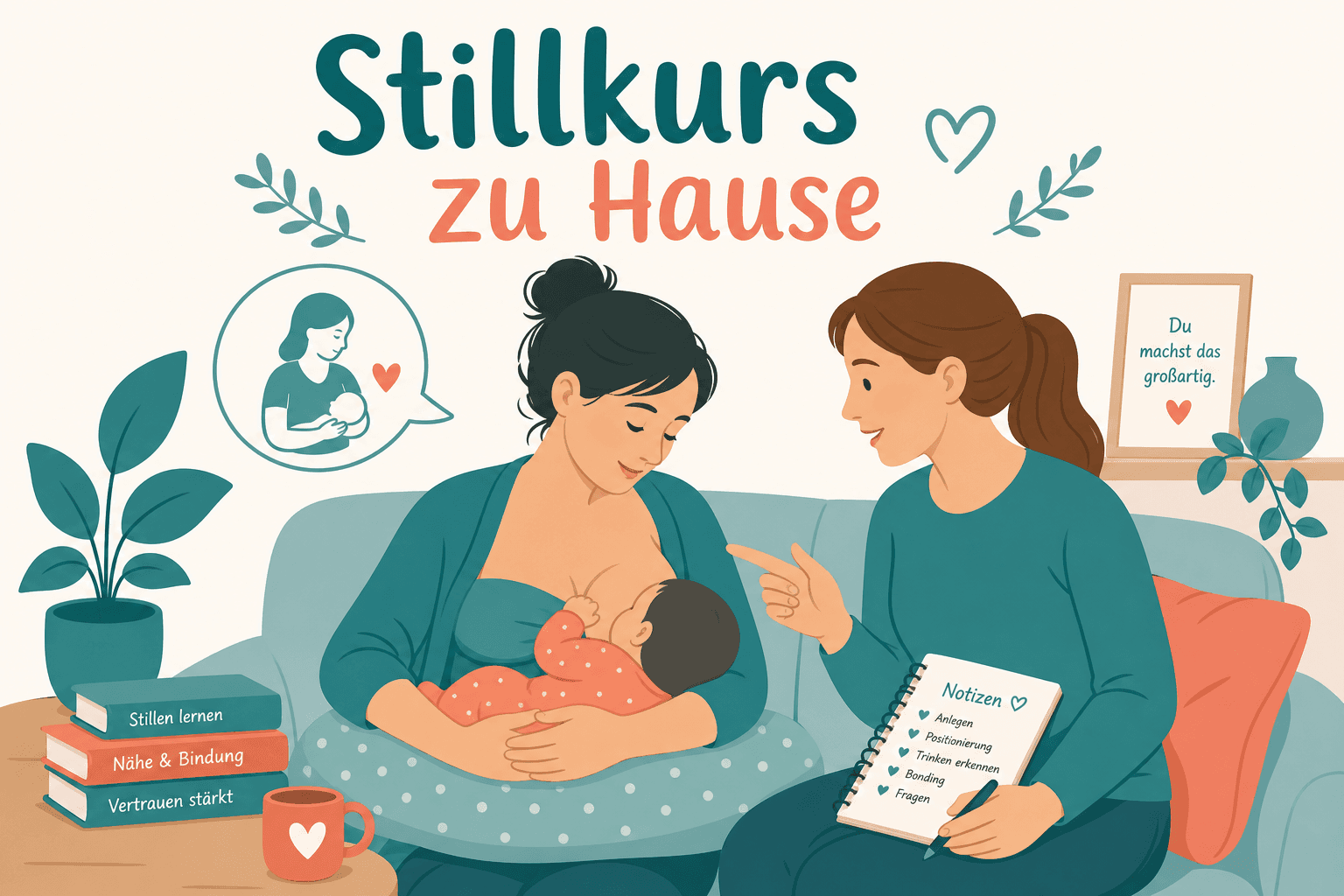 Mutter mit Neugeborenem in Hautkontakt am Stillplatz, einladende Atmosphäre für den Einstieg in den Stillkurs