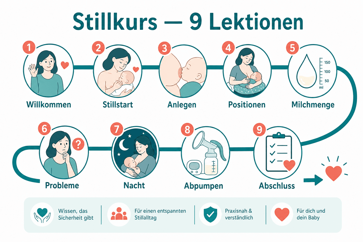 Übersicht der neun Stillkurs-Lektionen als Lernpfad von Willkommen bis Abstillen