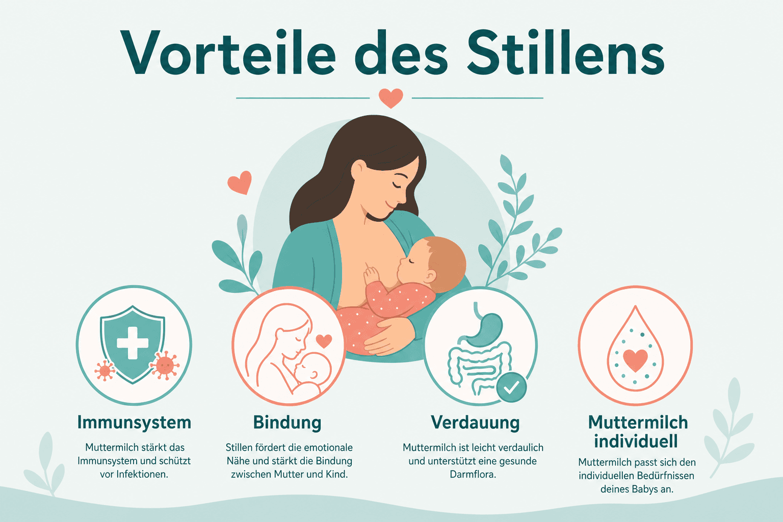 Infografik zu Vorteilen des Stillens für Baby, Mutter und Umwelt, Immunsystem, Bindung, Gesundheit