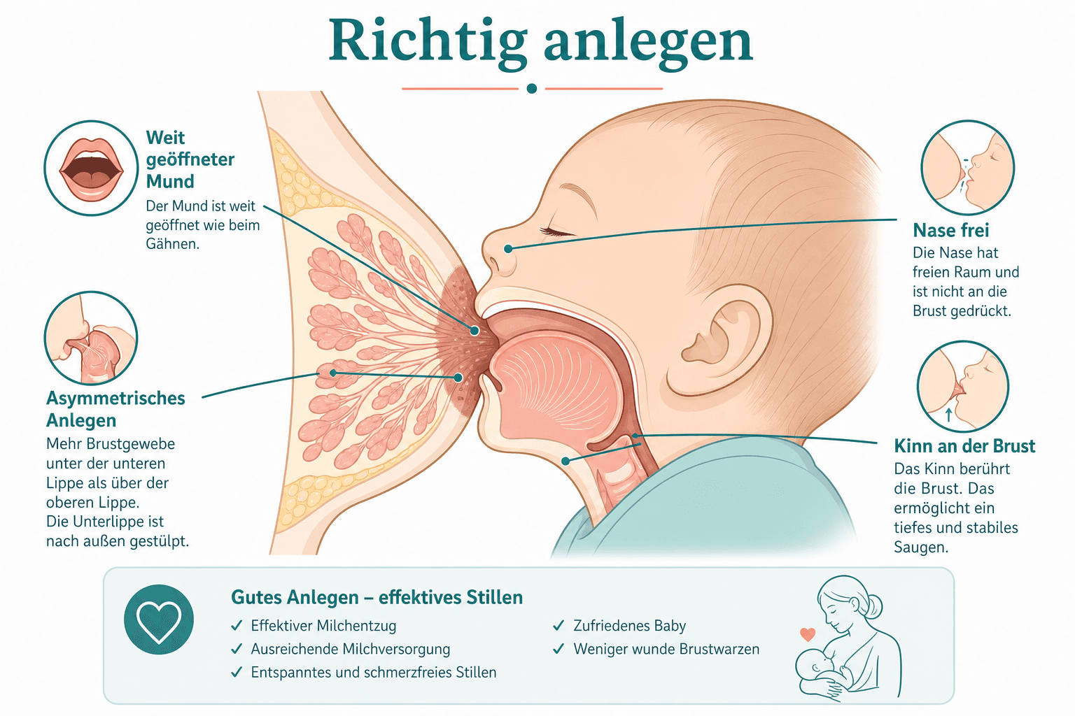 Sechs Schritte asymmetrisches Anlegen: Position, Ausrichtung, Anlocken, Einführen, Prüfen, Beenden