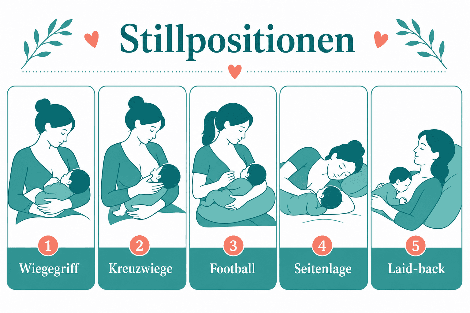Vier Stillpositionen im Überblick: Wiege, Kreuzwiege, Football und Seitenlage mit Kissenunterstützung