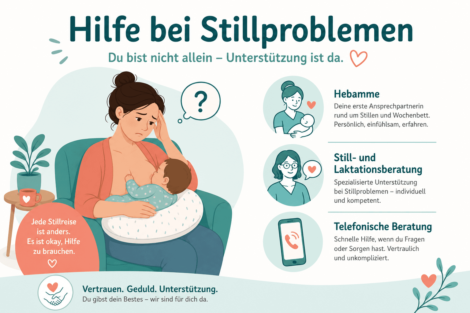 Stillende Mutter mit Hebamme, Beratung zu Brustschmerzen, korrektem Anlegen und frühzeitiger Behandlung häufiger Stillprobleme