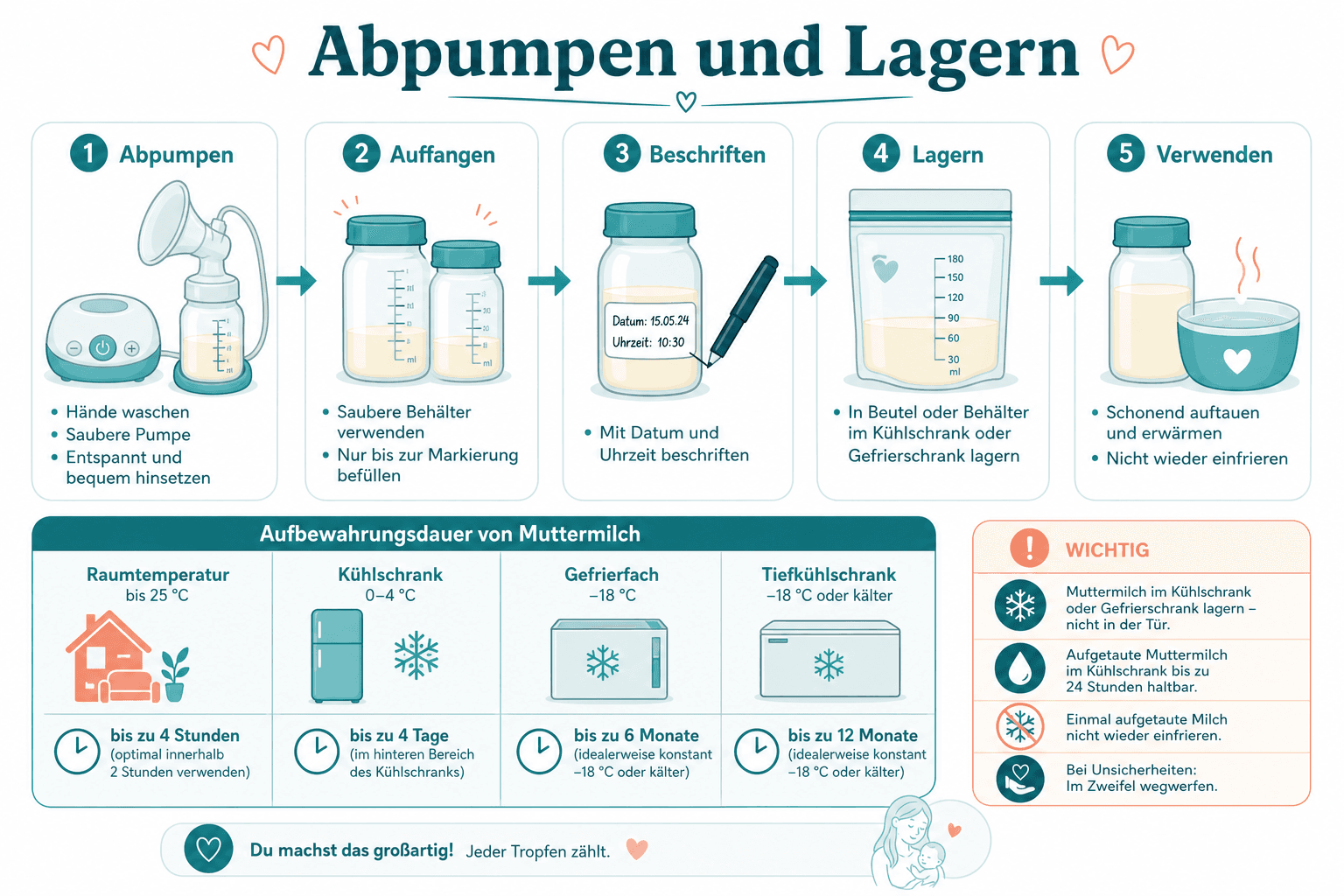 Stillzubehör: Handpumpe, Milchbehälter mit Datumsetikett und Kühlbox, organisierte Aufbewahrung abgepumpter Muttermilch
